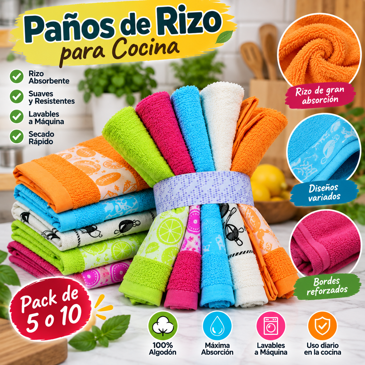 Paño cocina rizo detalle tejido pack 5 o 10