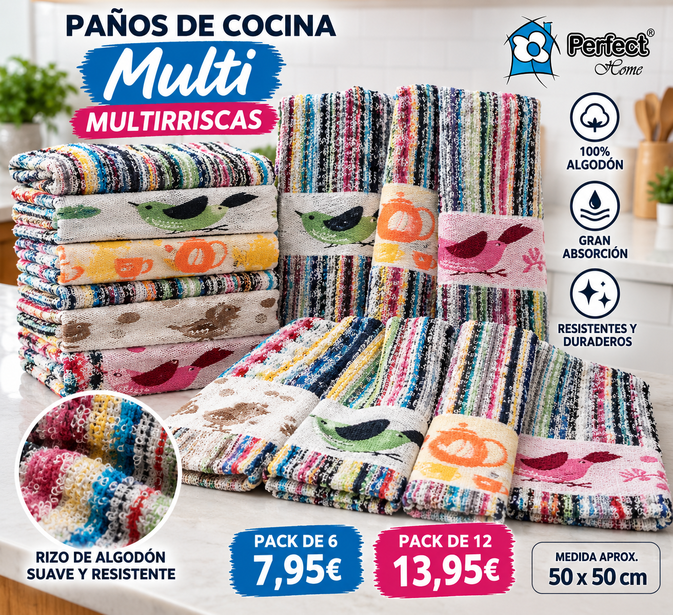 Paños de cocina Multi Multiriscas Perfect Home algodón 50x50 - imagen 1