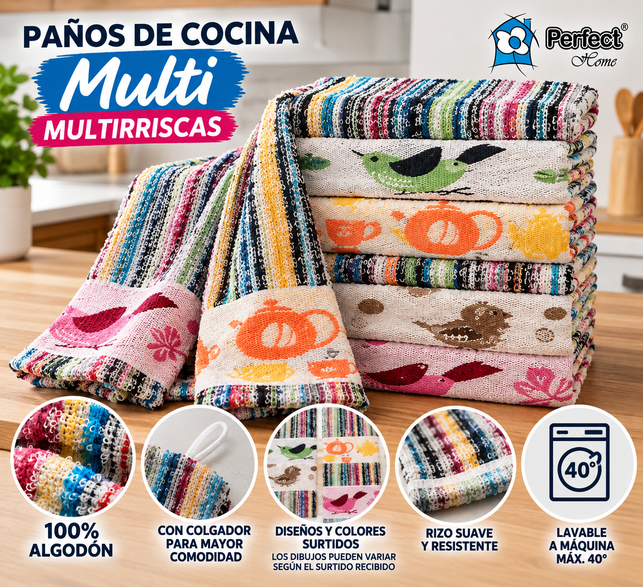 Paños de cocina Multi Multiriscas Perfect Home algodón 50x50 - imagen 2