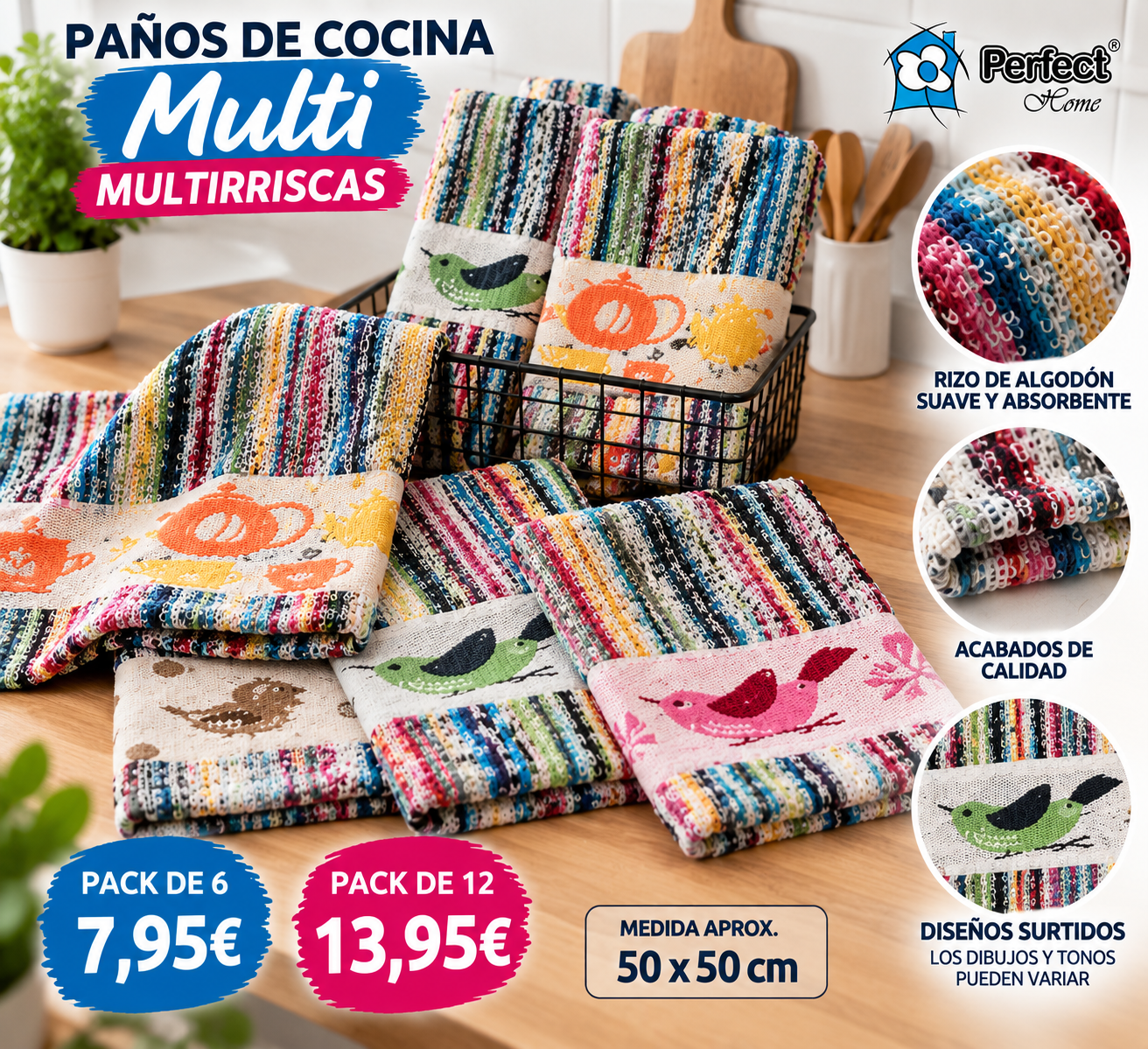 Paños de cocina Multi Multiriscas Perfect Home algodón 50x50 - imagen 3
