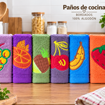 Pack de seis paños de cocina SENDA 100% algodón bordados con frutas
