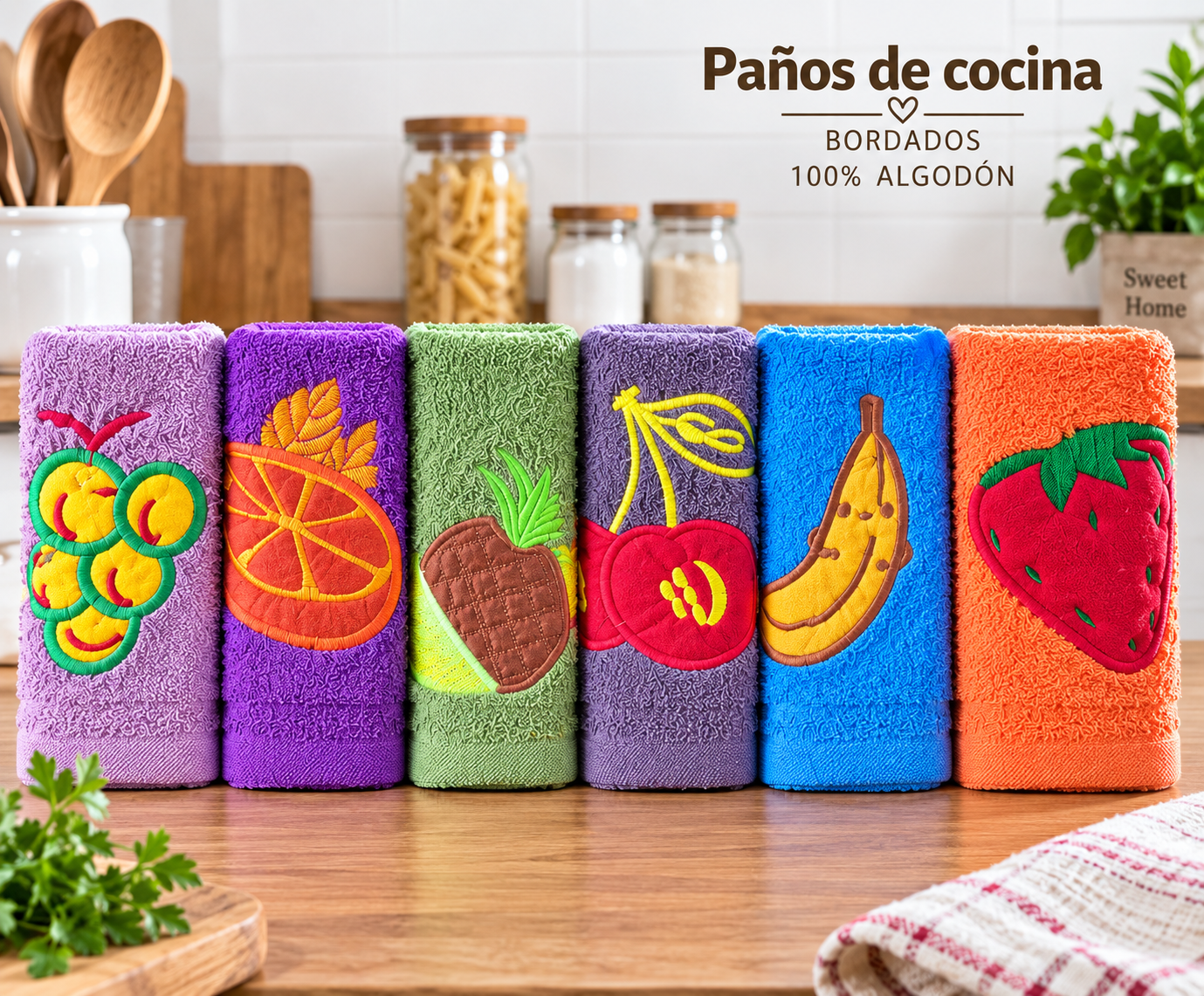 Pack de seis paños de cocina SENDA 100% algodón bordados con frutas