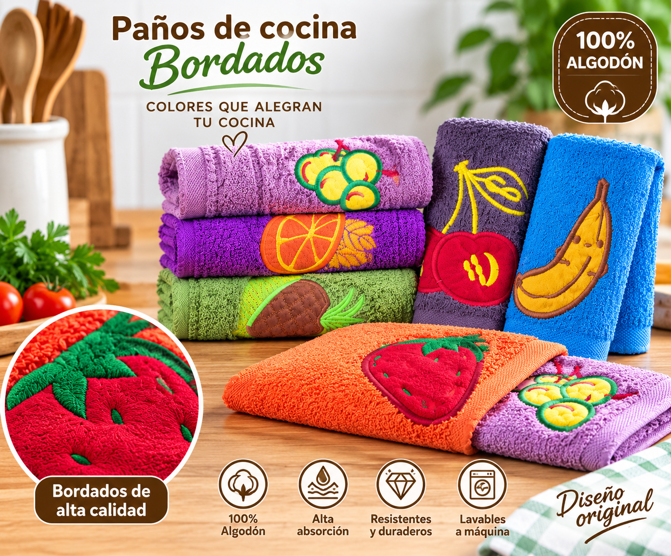 Pack de seis paños de cocina SENDA 100% algodón bordados con frutas