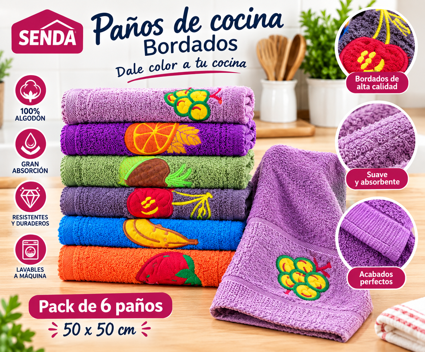 Pack de seis paños de cocina SENDA 100% algodón bordados con frutas
