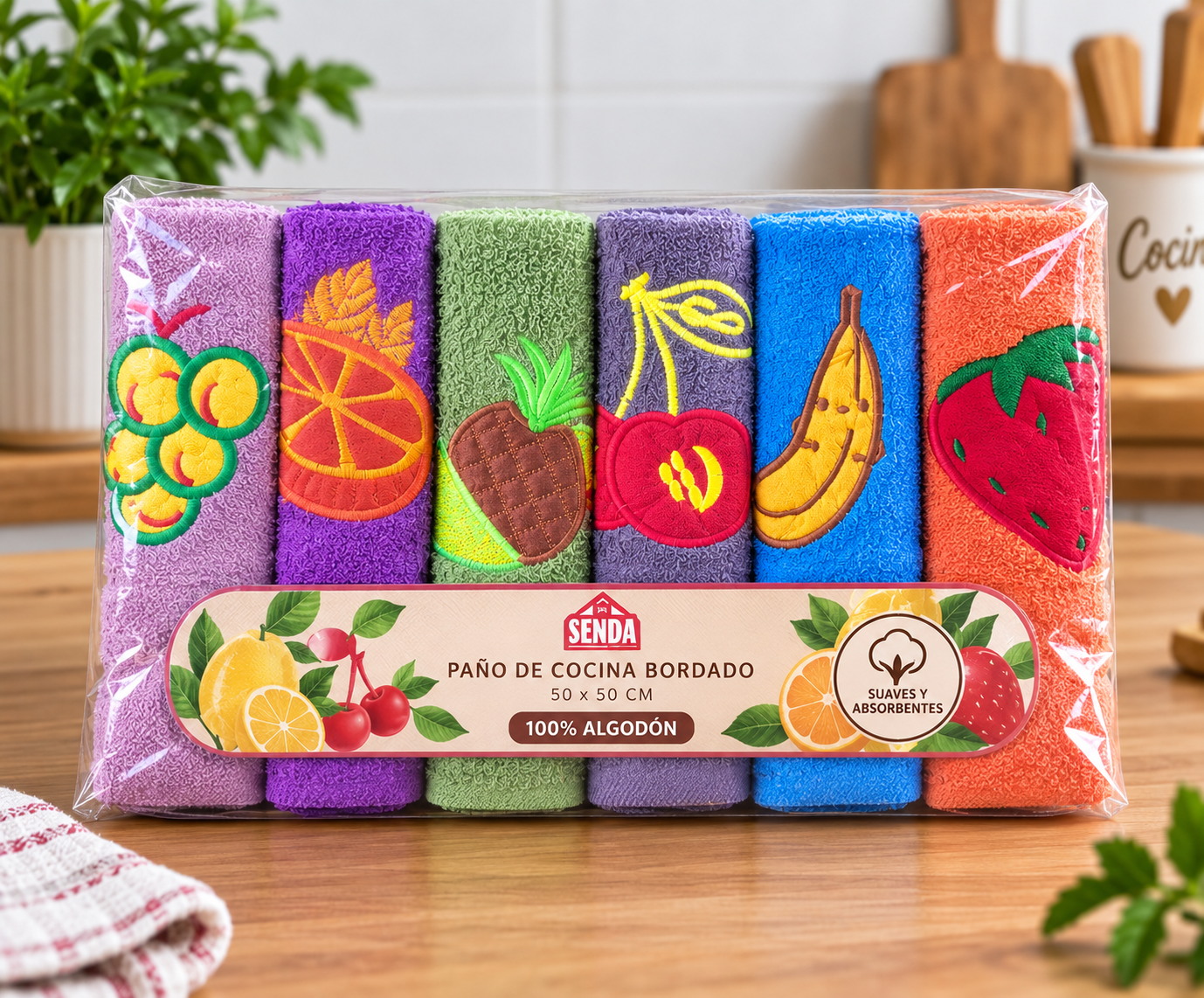 Pack de seis paños de cocina SENDA 100% algodón bordados con frutas