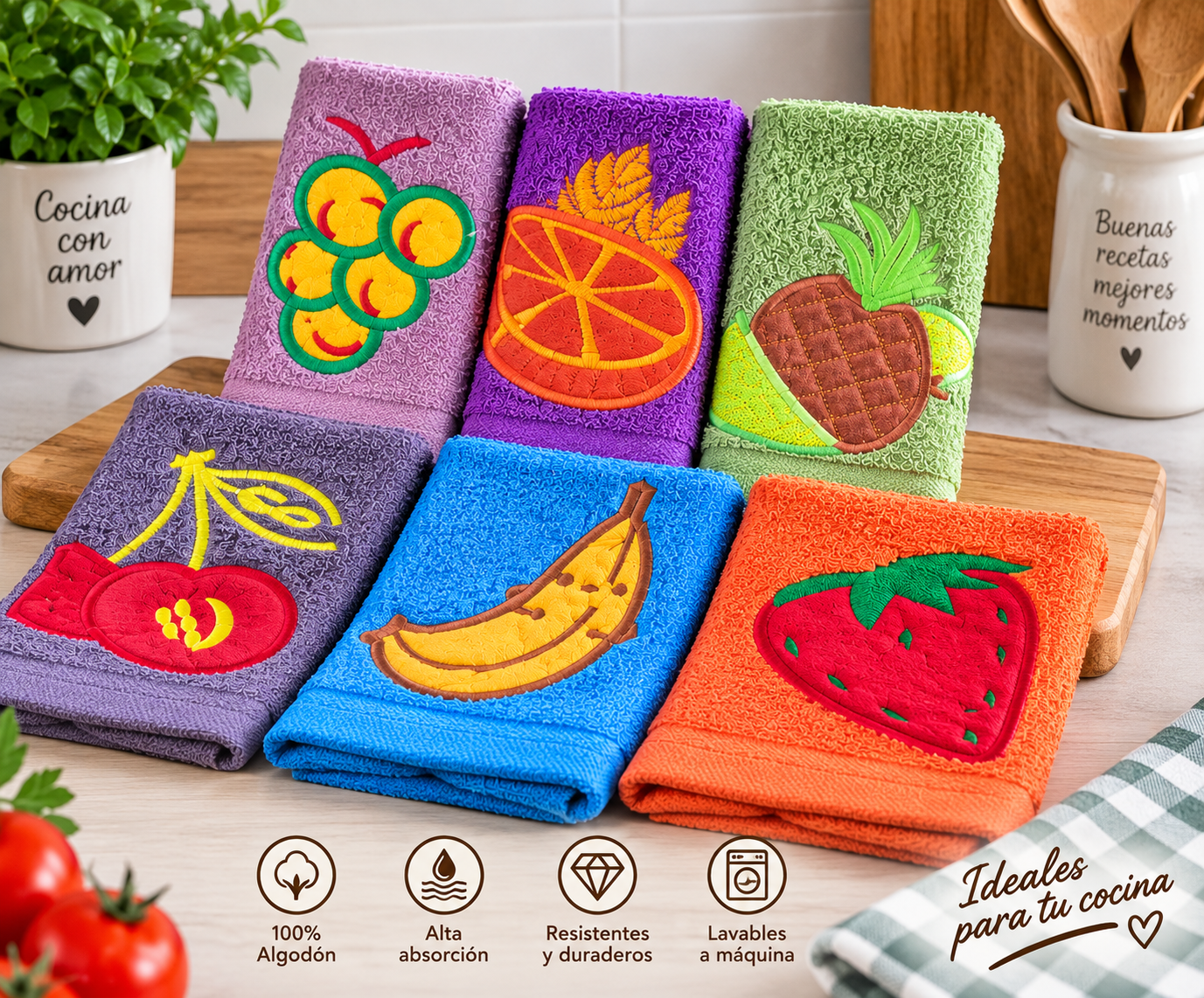 Pack de seis paños de cocina SENDA 100% algodón bordados con frutas