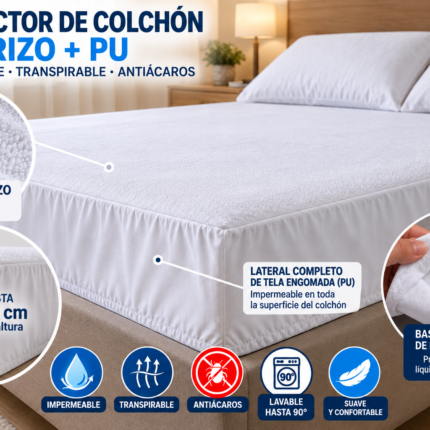 Protector de colchón FM TEX rizo impermeable con lateral ajustable de tela engomada