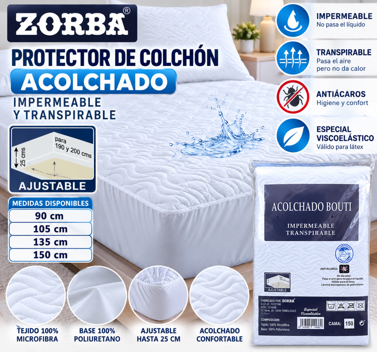 Protector de colchón Zorba acolchado impermeable y transpirable