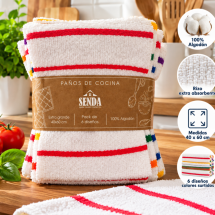 Pack de 6 paños de cocina SENDA blancos con líneas de colores 40 × 60 cm - imagen 1