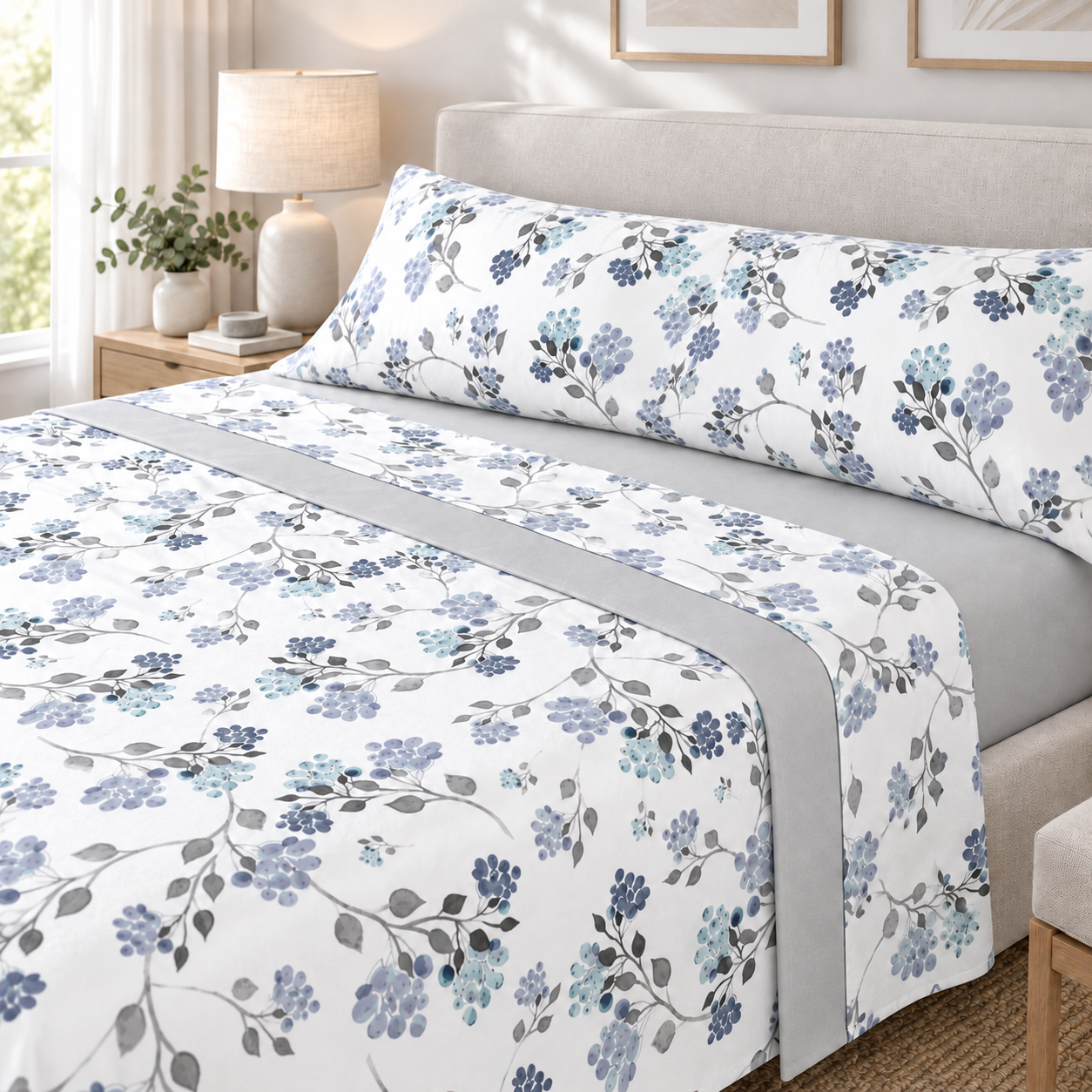 Sábanas Pirineo Vega Floral Azul 120 g en dormitorio de invierno