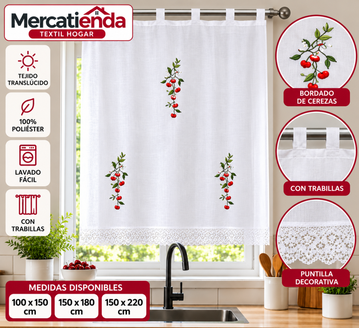 Cortina de cocina blanca con cerezas bordadas, trabillas y puntilla