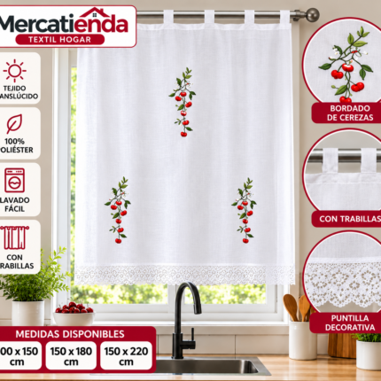 Cortina de cocina blanca con cerezas bordadas, trabillas y puntilla