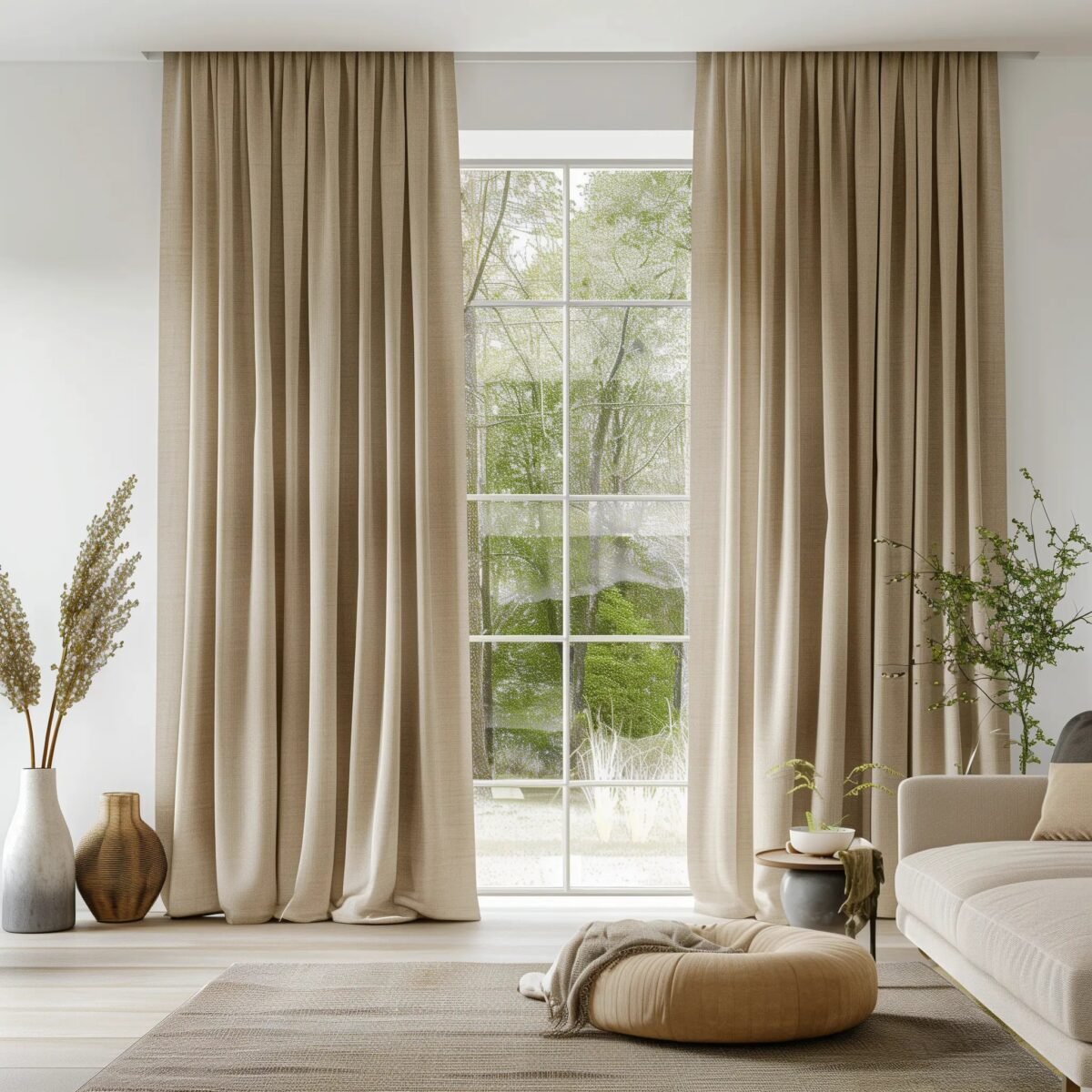 Cortinas beige en una ventana de salón como ejemplo para el cuidado de cortinas y visillos
