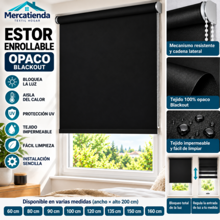Estor enrollable negro opaco Mercatienda disponible de 60 a 160 cm por 200 cm