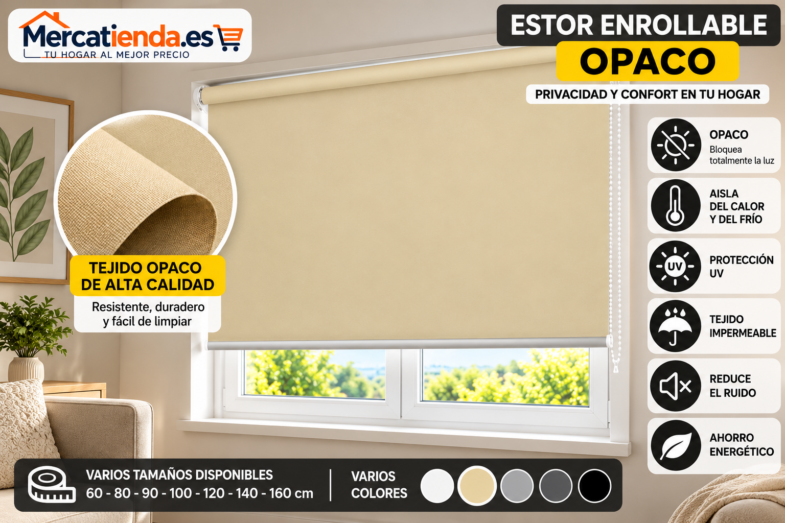 Estor enrollable opaco beis para ventana