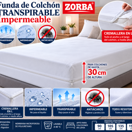 Funda de colchón Zorba impermeable transpirable antiácaros con cremallera en L