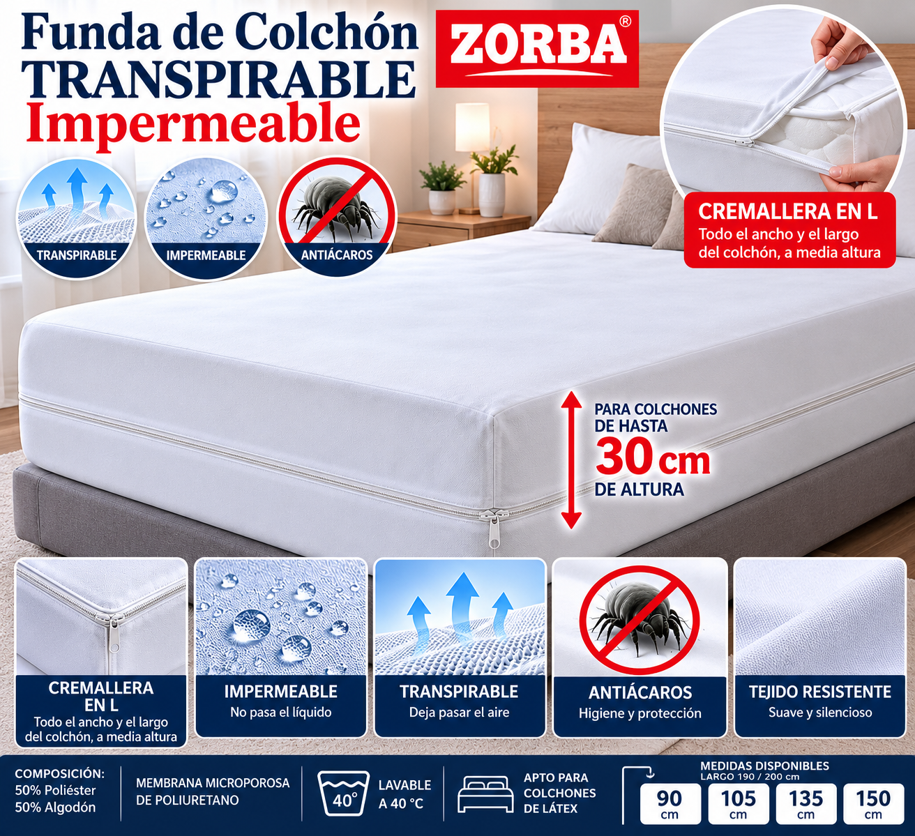 Funda de colchón Zorba impermeable transpirable antiácaros con cremallera en L