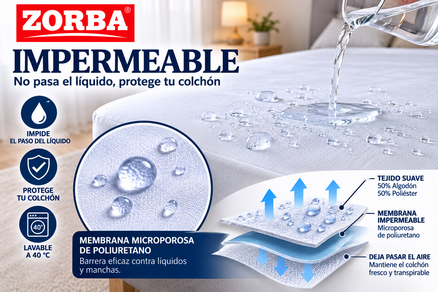 Detalle funda de colchón Zorba impermeable transpirable antiácaros