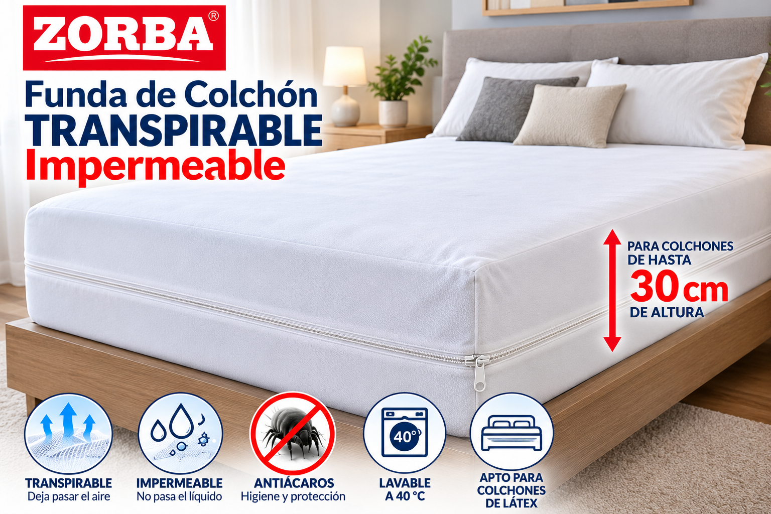 Detalle funda de colchón Zorba impermeable transpirable antiácaros