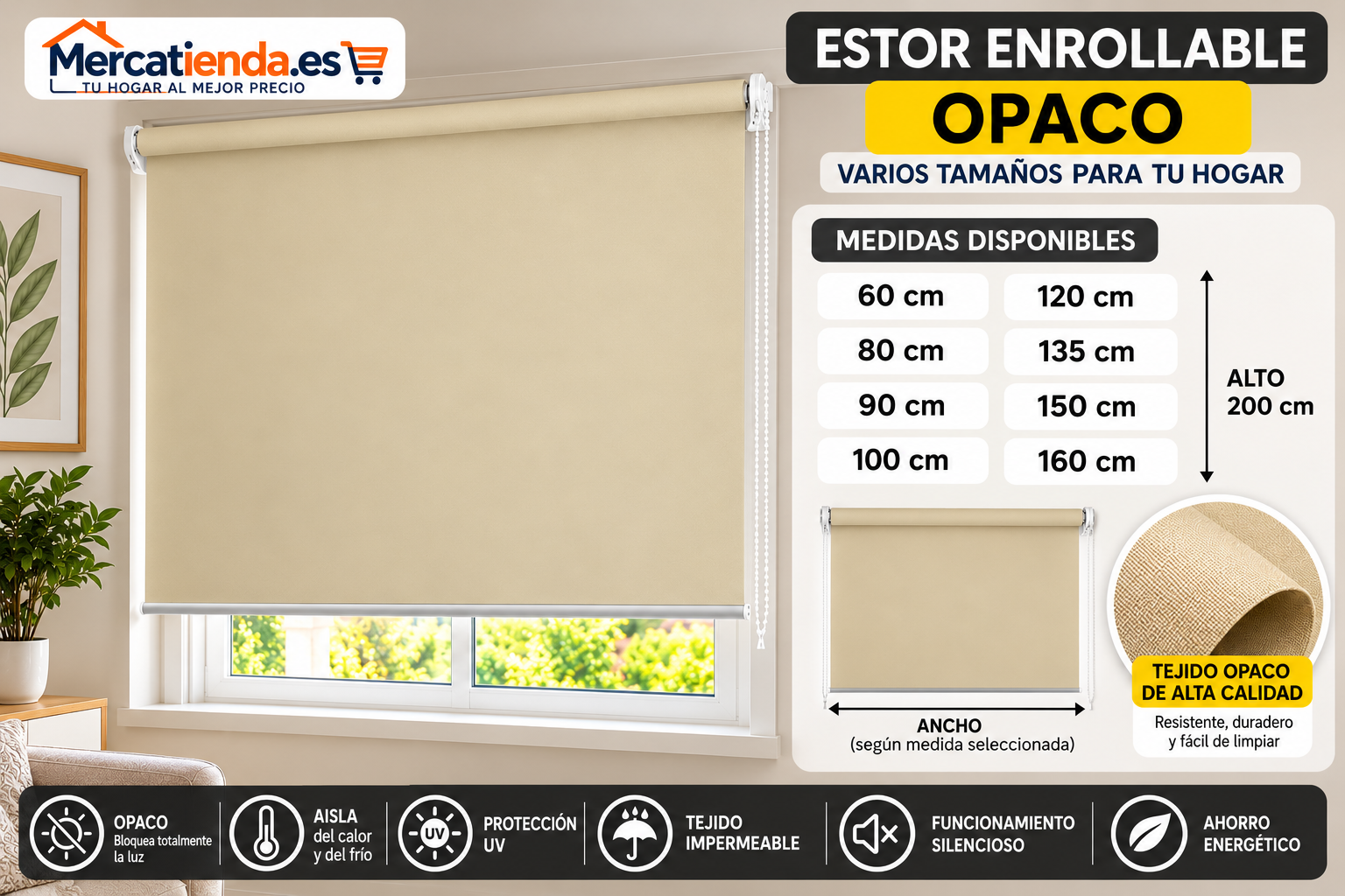 Medidas del estor enrollable opaco beis de 60 a 160 cm por 200 cm
