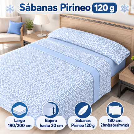 Sábanas Pirineo Azul Geométrico 120 g con información de largo 190/200 cm y bajera hasta 30 cm