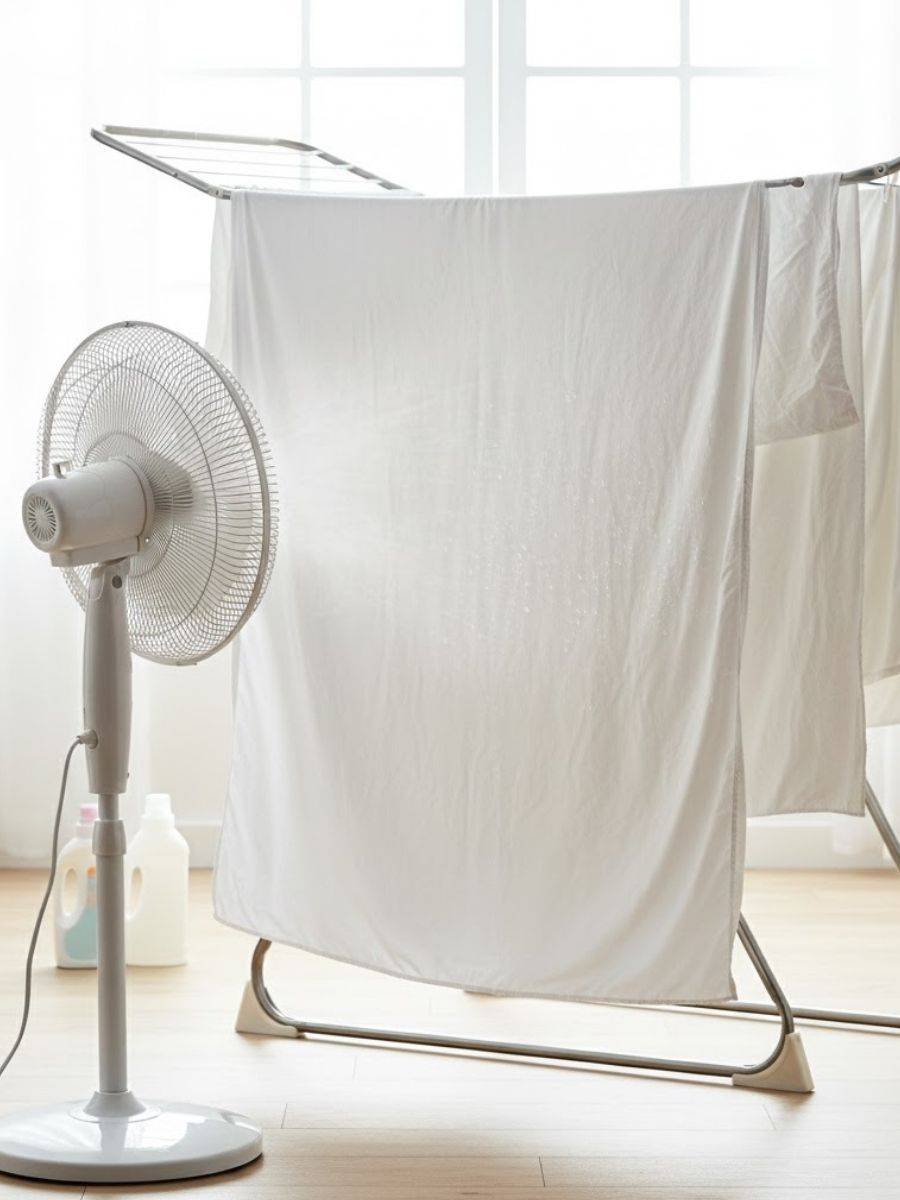Sábanas blancas secándose dentro de casa en un tendedero con ventilación