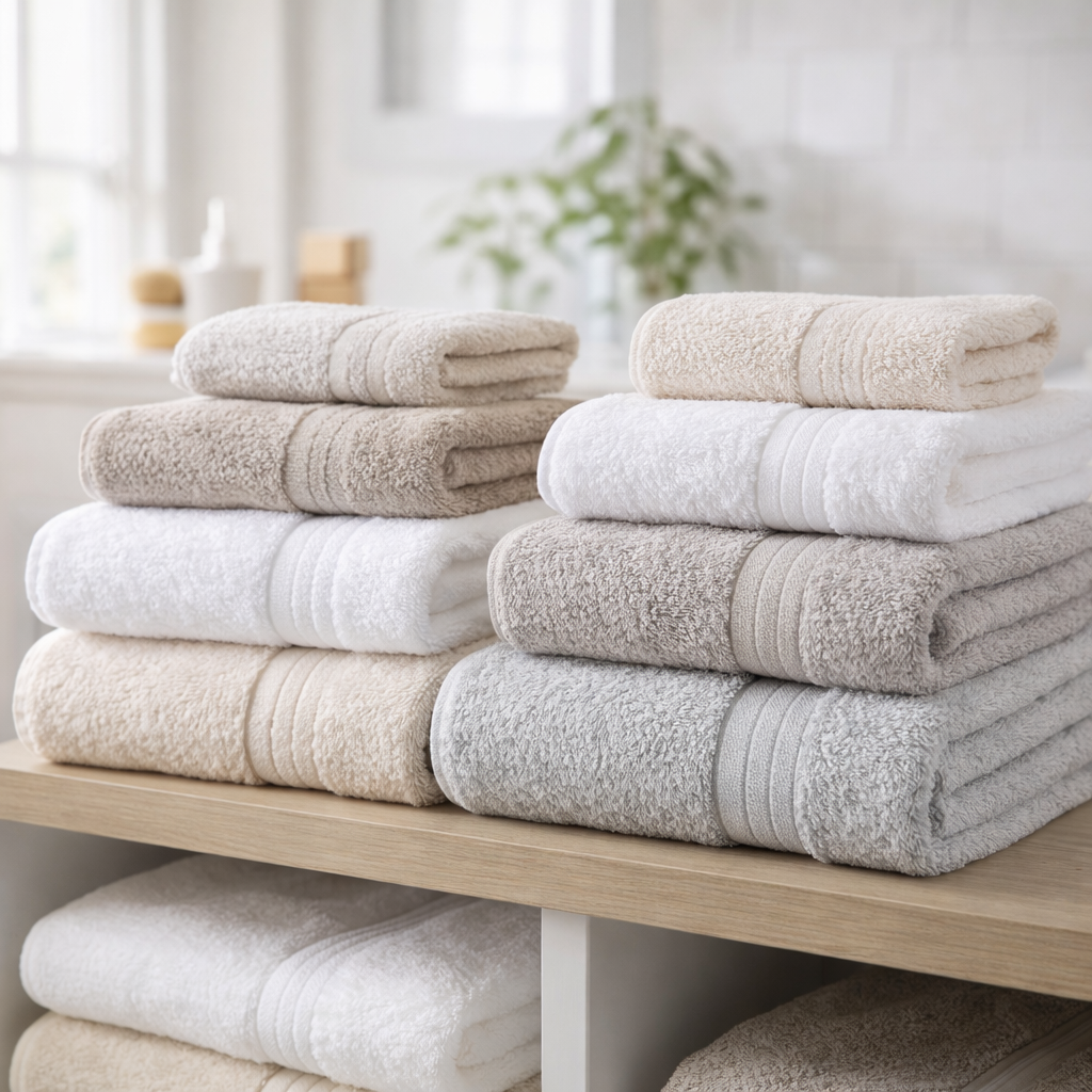 Toallas blancas, beige y grises combinadas en un baño luminoso